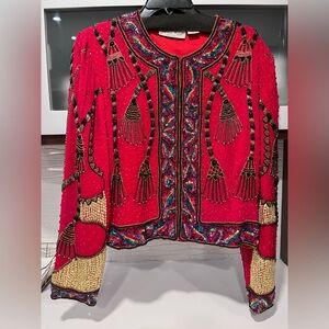 Vintage Laurence Kazar Red Silk Beaded Jacket